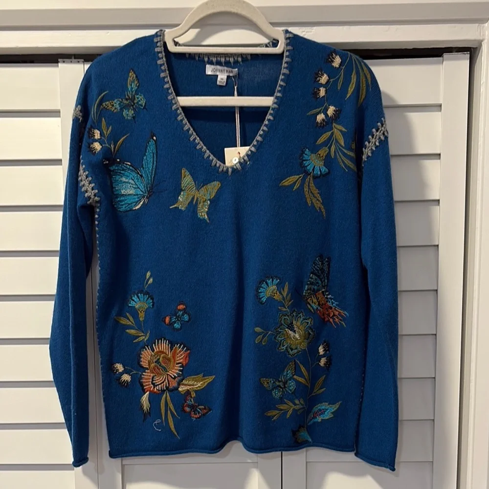 Johnny Was NWT Teal V-Neck Sweater with Butterfly Embroidery - Picture 1 of 4